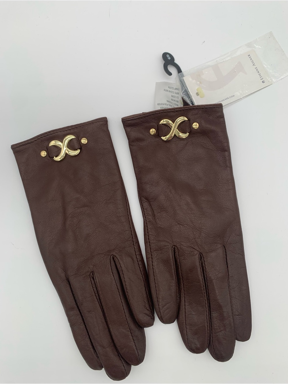 Etienne Aigner Dark Brown Leather Gloves with Gold Tone Logo